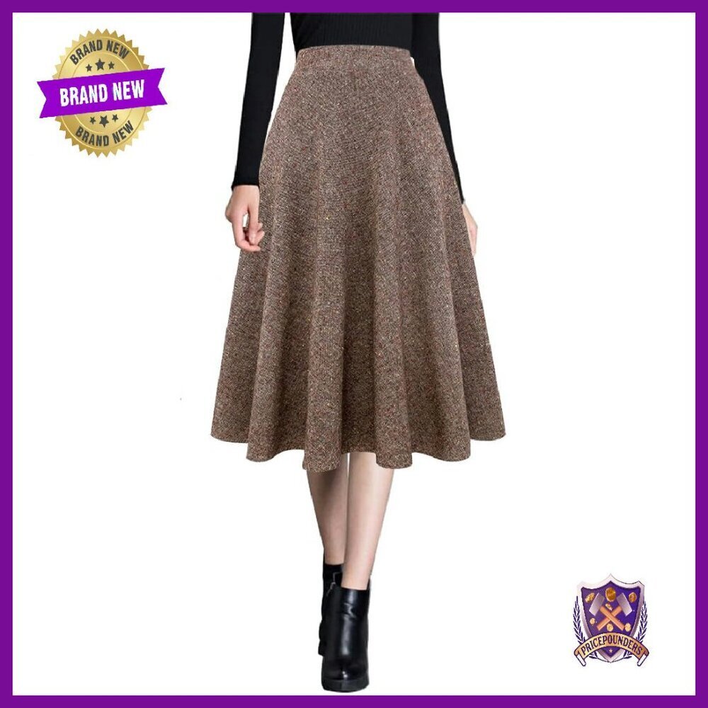 Warm Wool Midi Skirt High Waist A-Line Flared with Pockets